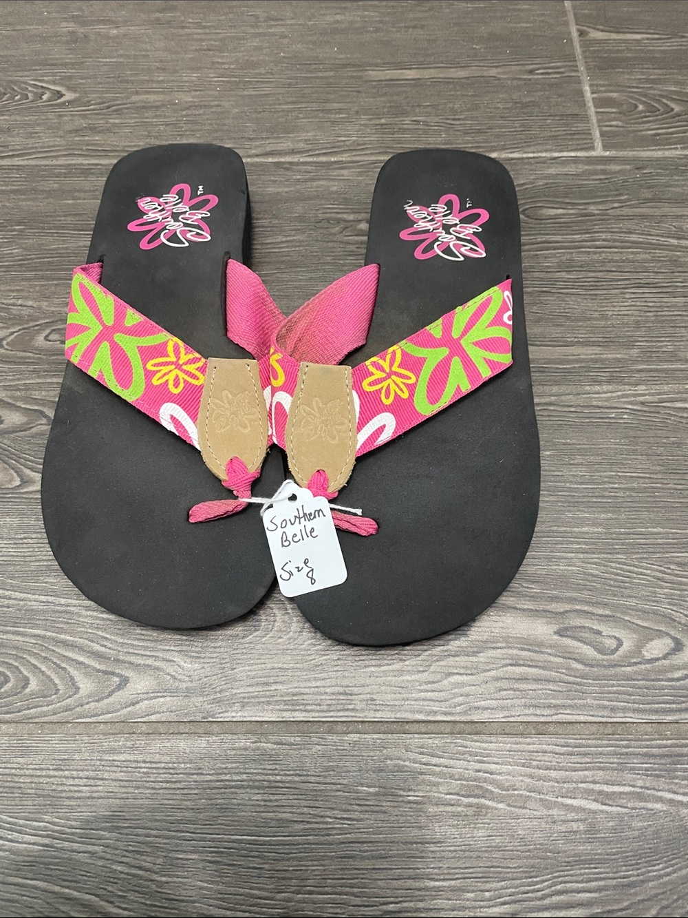 Southern Belle Women's Black Flip Flop Sandals with Pink and Lime Floral Straps